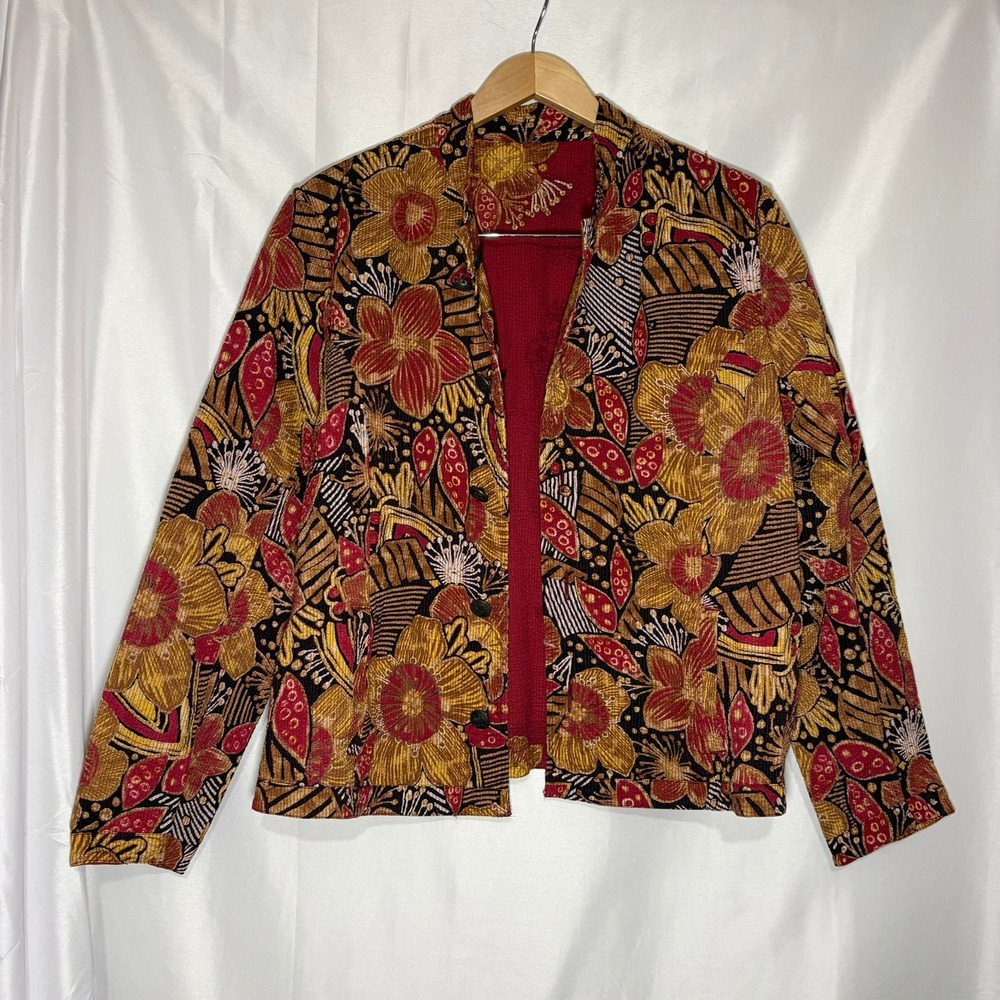 Vintage y2k Chico's Reversible Jacket Red Batik Floral Quilted Pockets Boho XL
